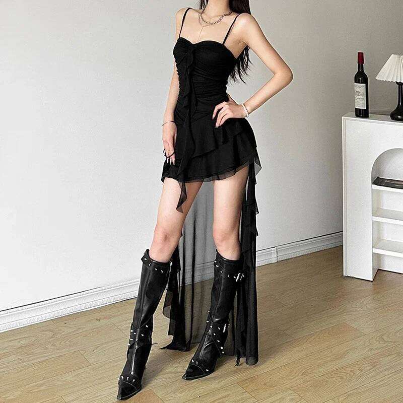 Y2K Irregular White Midi Dress Women Gothic Sexy Spaghetti Straps Ruffles Black Dresses Summer Korean Red Bodycon Vestidos C260312