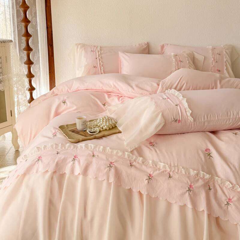 Korean Princess Style Lace Ruffles Rose Embroidery Wedding Bedding Duvet Cover Set Flat/Fitted Bed Sheet Pillowcases 4Pcs H260312