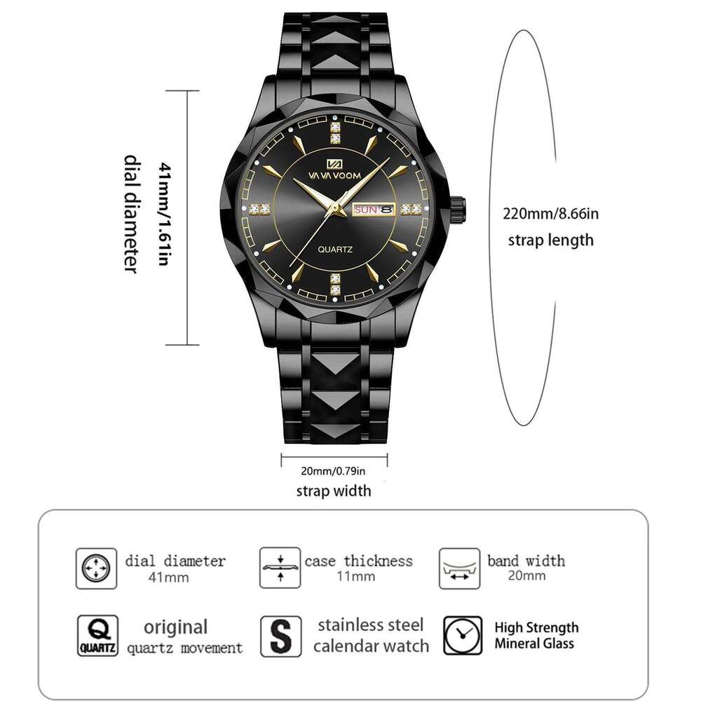 VA VOOM Men Stainless Steel Watch Classic Black Rhinestone Luxury Business Clock 3Bar Week Movement Sports Quartz Wristwatch