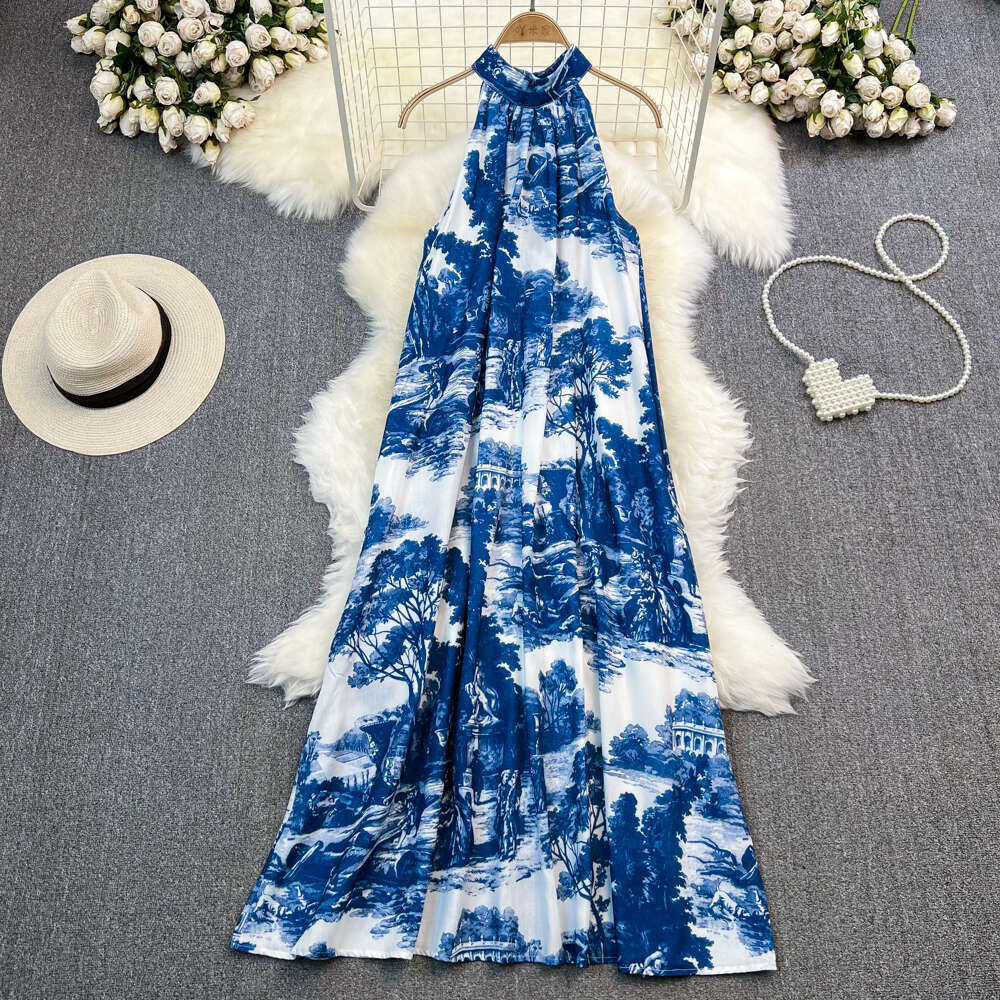 French retro high-end backless collar with a20 ink print sleeveless A-line skirt, elegant and suitable for seaside vacations