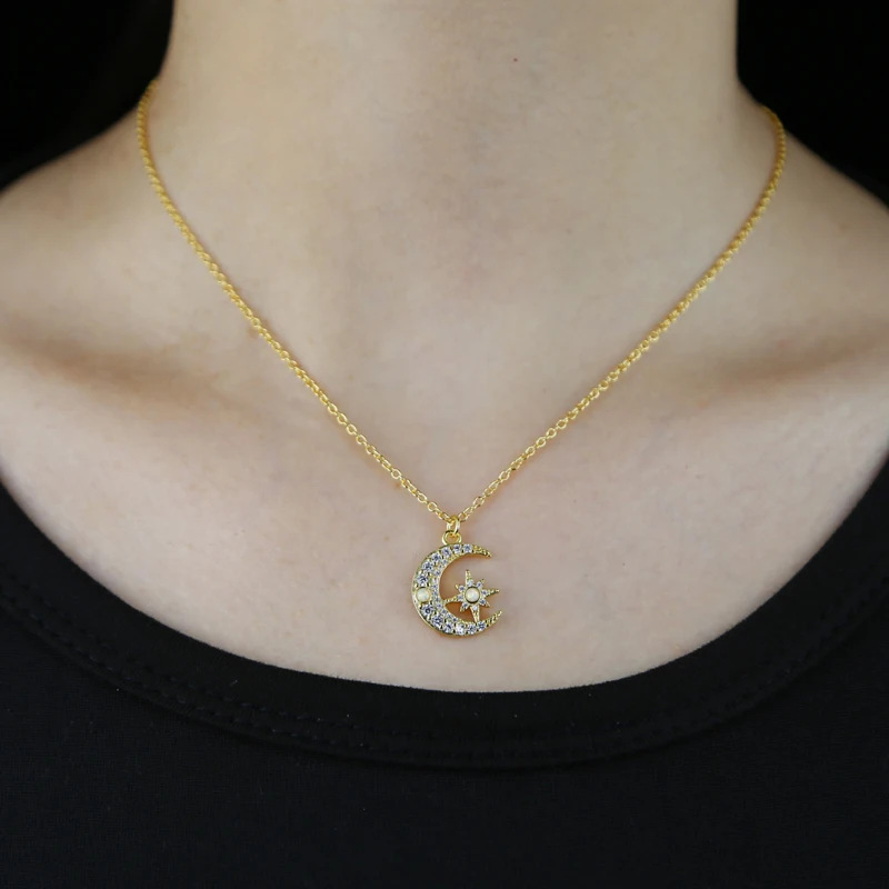 An Elegant Gold Plated Moon Star Necklace Set With Zircon Making It A Fashionable And Exquisite Daily Gift For Women