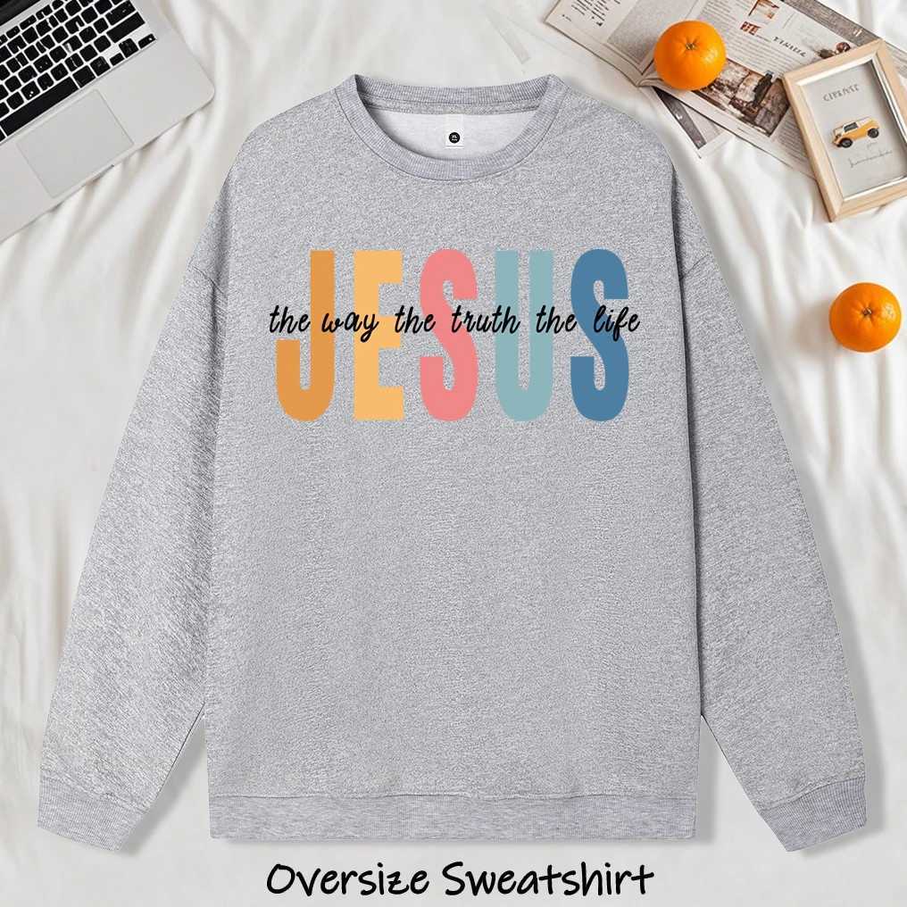 Jesus Color Letter Creative Print Men Sweatshirt Retro O-Neck Clothing Fashion Oversize Long Sleeve Unisex Soft Basics Pullover M260312
