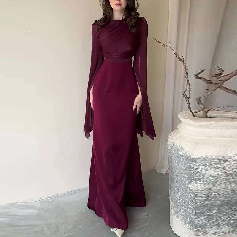 Fashion Satin Solid Robe Ladies Temperament O-neck Slim Evening Elegant Batwing Sleeves High Waist Pleats Long Dress C260312