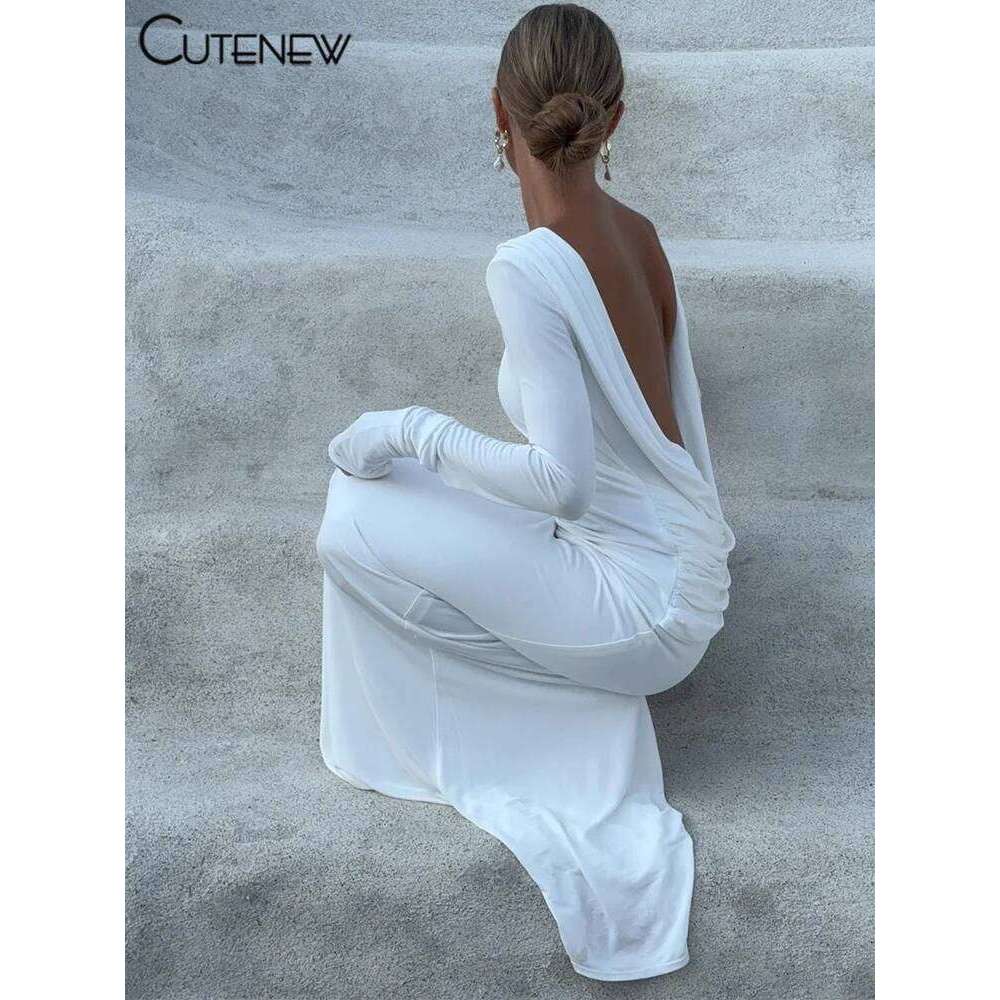 Cutenew High Street Women Maxi Dresses Classic Solid Backless Full Sleeve Sheath Concise Robe Female Elegant Banquet Vestidos C260312