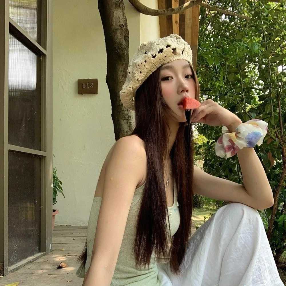 Brimless Breathable Flower Hat Japanese Style Thin Hollowed Out Beret All-match Headgear Crochet Knitted Cap Women H260312 - view 3