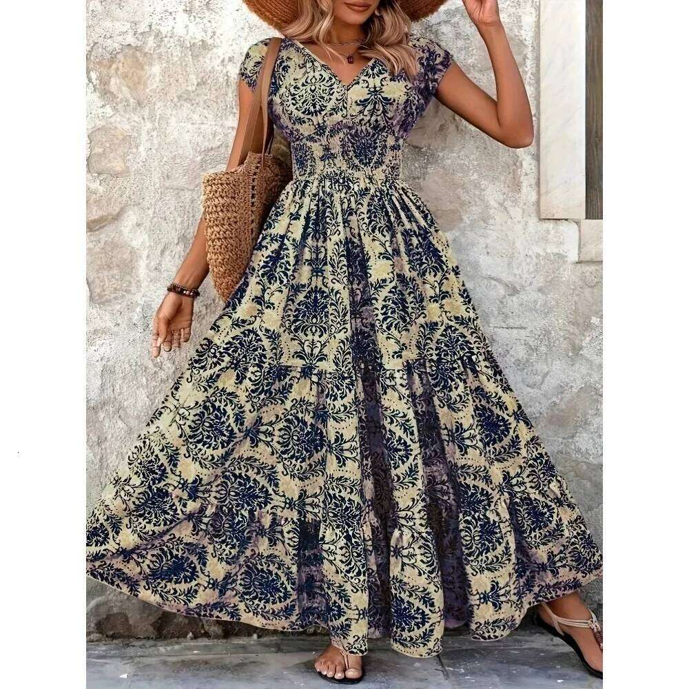 Plus Size Women's Bohemian Floral Print V-Neck Short Sleeve Dress Oversized Ruffled Skirt For Women Casual A-Line Long Dresses