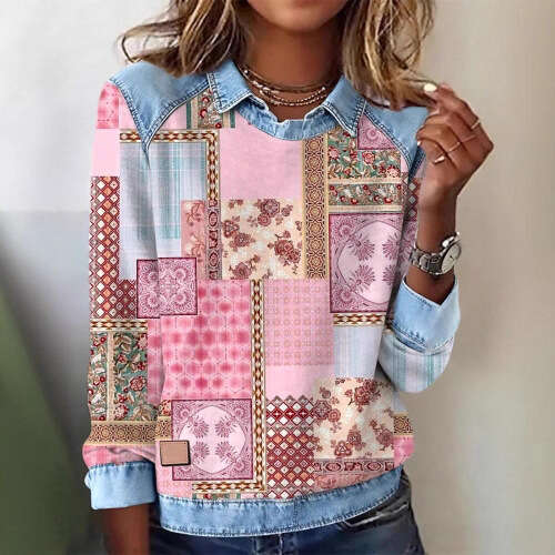 2026 New Women's Fashionable Floral Retro Pattern Long-Sleeved T-Shirt, Suitable for Everyday Wear and Stylish Outfits