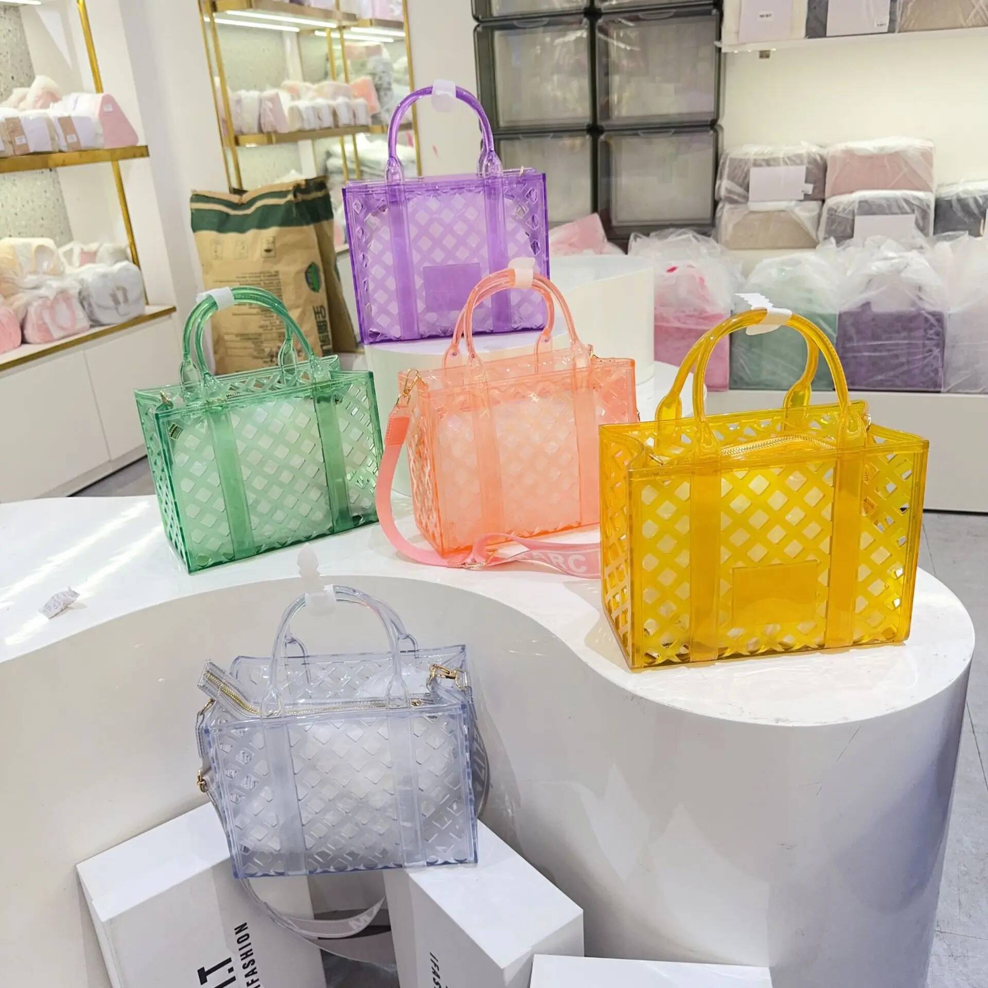 Adult Hollow Vegetable Basket Unisex Forest Candy Color PVC Shoulder Large Capacity Wide Strap Transparent Tote Bag Handbag
