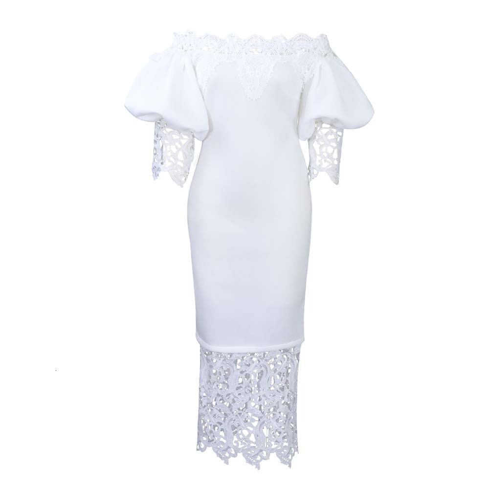 D247 New Off-Shoulder Bodycon Lace Patchwork Lantern Sleeve Dress