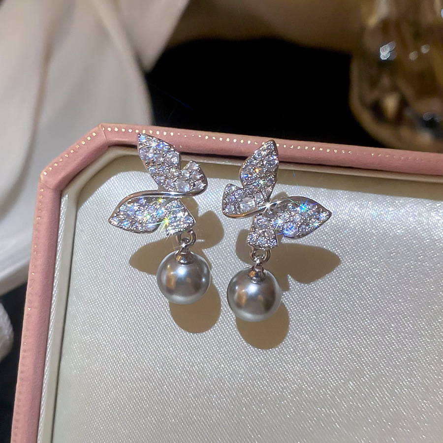 18k real gold plated silver needle zircon butterfly pearl vintage fashion temperament earrings, light luxury niche earrings