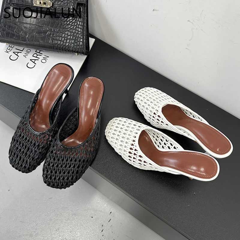 SUOJIALUN 2025 New Women Slipper Ladies Elegant Round Toe Slip On Mules Shoes Fashion Weave Thin High Outdoor Dress Sandal K260312