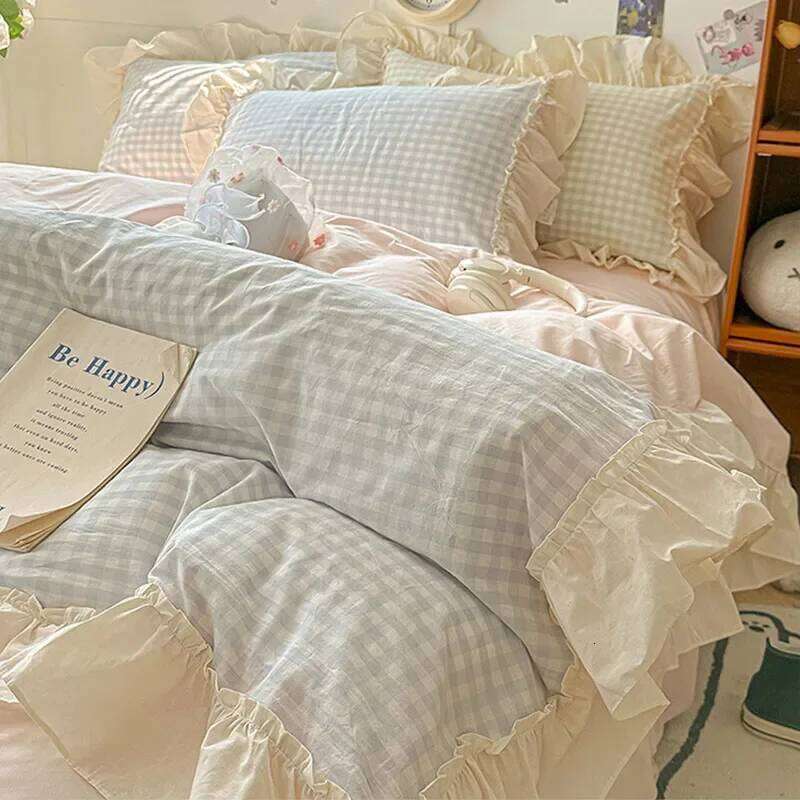 Korean Grid Printed Bedding Set with Lace Washed Cotton Skin Friendly Cozy Comforter Cover Sets Single Double Queen Bedclothes H260312