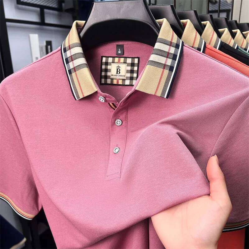 High end silky cotton breathable short sleeve polo shirt men's summer new trend plaid lapel designer brand casual T-shirt 26H0312