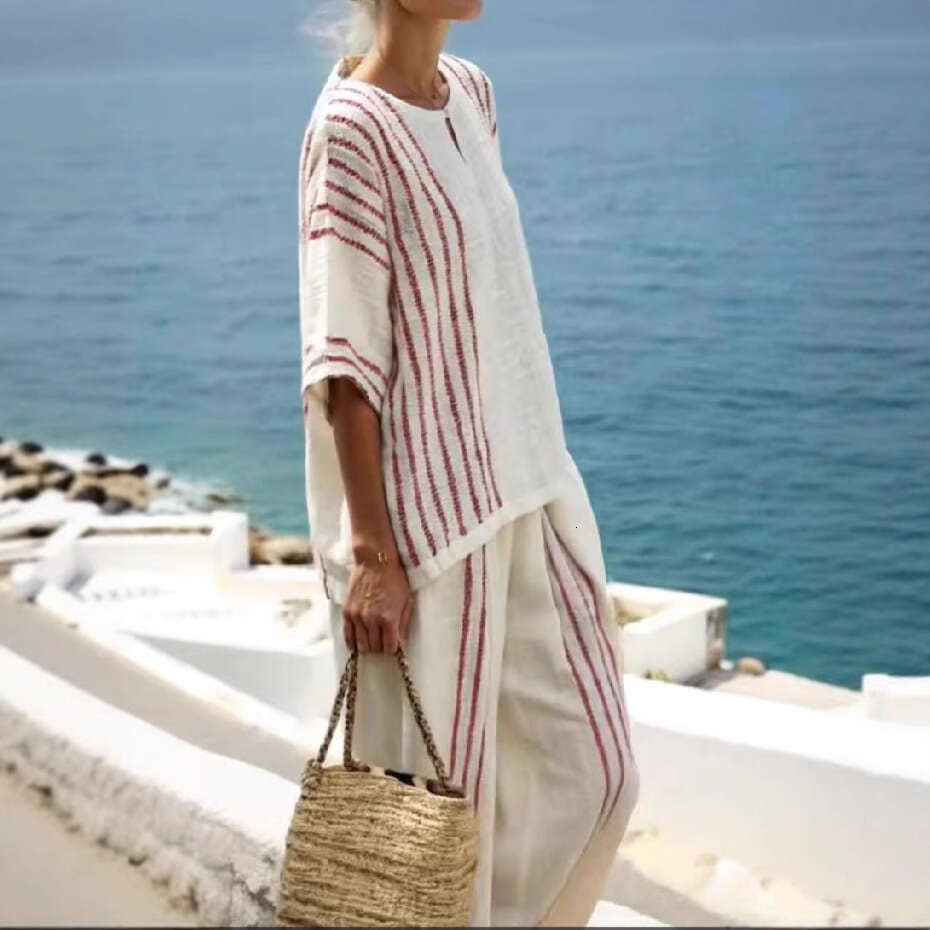 European And American Style Clothing Round Neck Striped Short Sleeve Linen Cotton Top Casual Pants Women