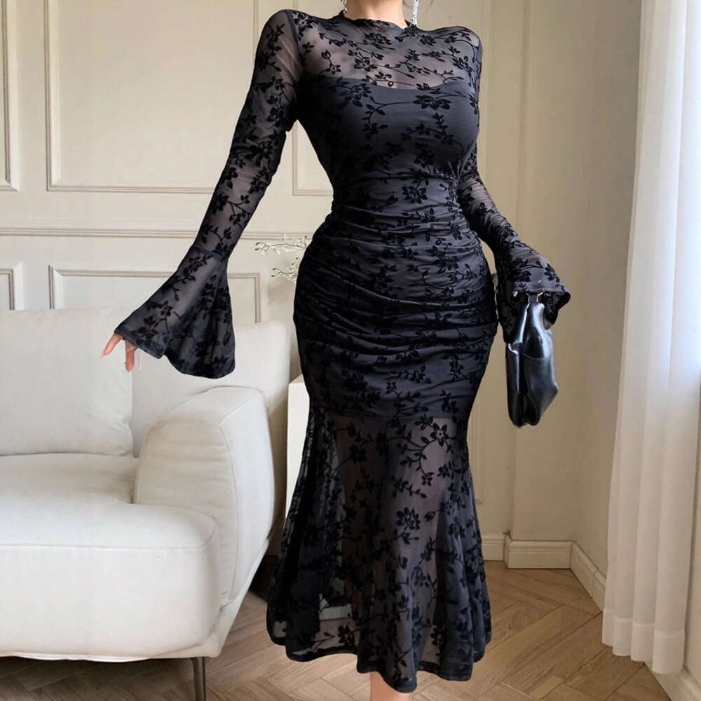 French Niche High-End Flared Sleeve Sexy Mesh Flocked Bodycon Mermaid Dress Elegant Versatile Evening Gown