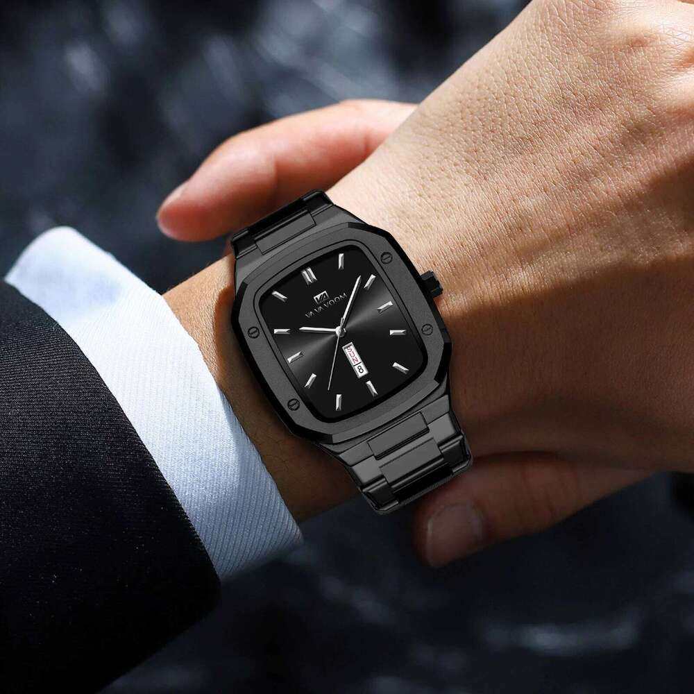 VA VOOM Brand Men Stainless Steel Original Square Style Blue Gold Dual Calendar Quartz Movement Business Watch