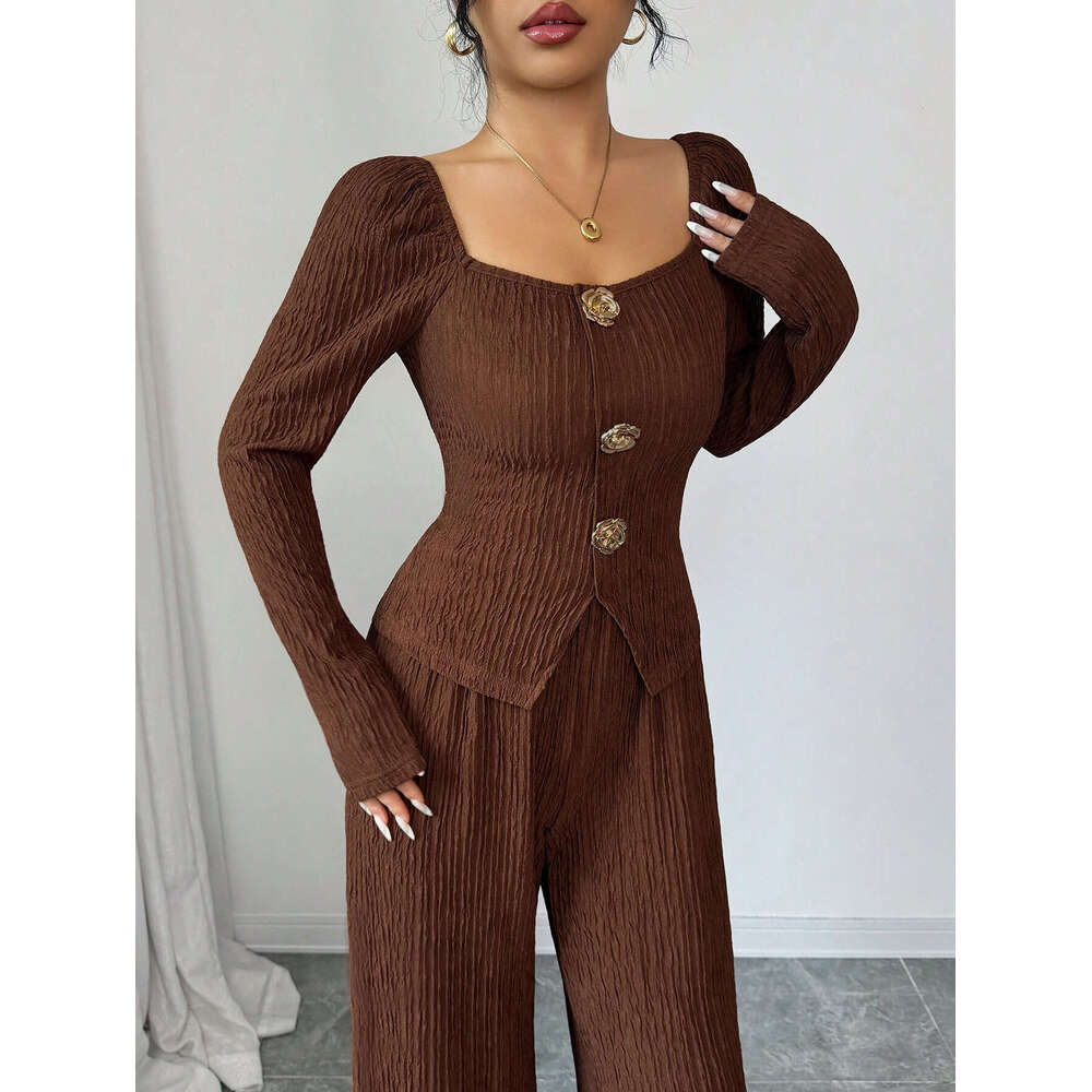 European And American New Style Knitted Textured Solid Color Square Collar Metal Rose Buckle Slim Fit Fashion Suit For Women