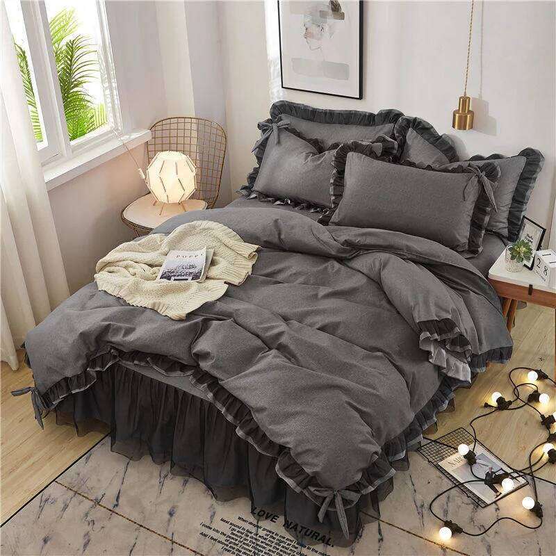 Black Princess Bedding Sets Kawaii Bed Skirt Sheet Pillowcase Fashion Girl Duvet Cover 4 Pieces Home Decoration H260312
