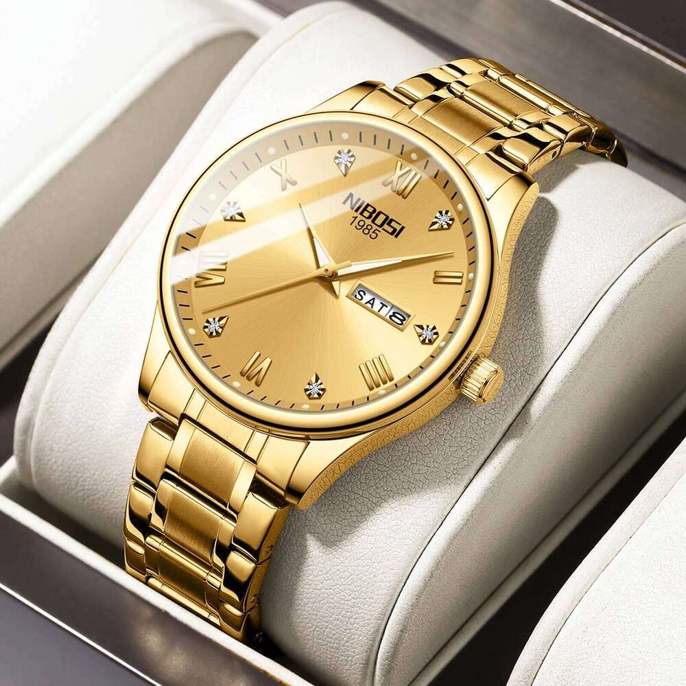 NIBOSI Gold Watches for Men Top Brand Luxury Week Day Display Men's Watch Business Waterproof Stainless Steel Sports Wristwatch