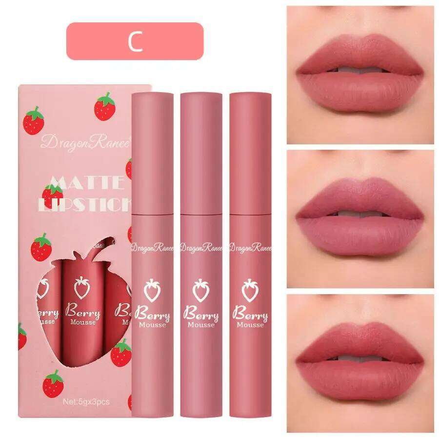 3-Piece of Velvet Matte Lipstick, Small Orange Milk Tea Bean Paste Color Gloss, Easy to Apply, Non-Fading, Non-Stick Cup Lip Gloss Set Box W260311
