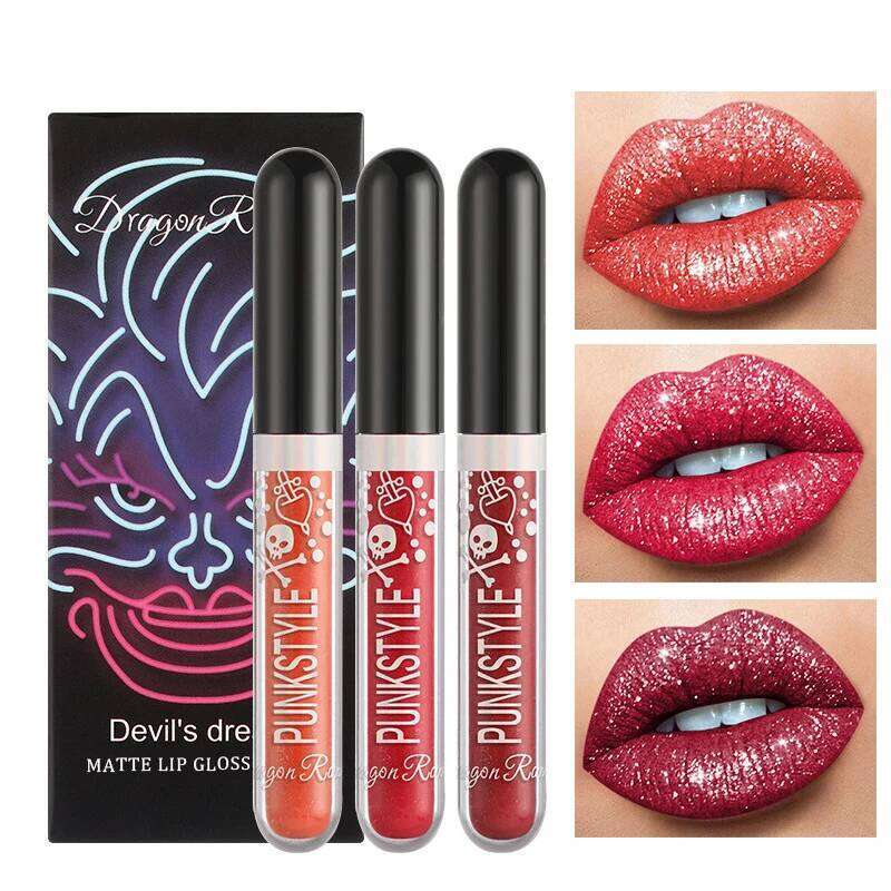 Halloween Gloss Set, 3-Piece Non-Stick Shiny Lipstick, Glittery Purple and Black Lip Colors, Long-Lasting, Non-Transfer W260311