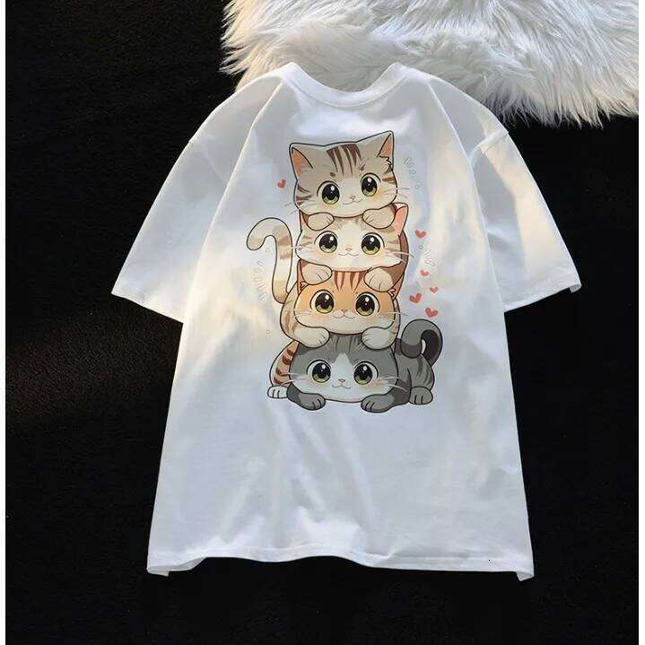 Cute Cartoon Cat Print Women's Round Neck Short Sleeved T-shirt Casual Loose Versatile Summer Tshirt Z260312