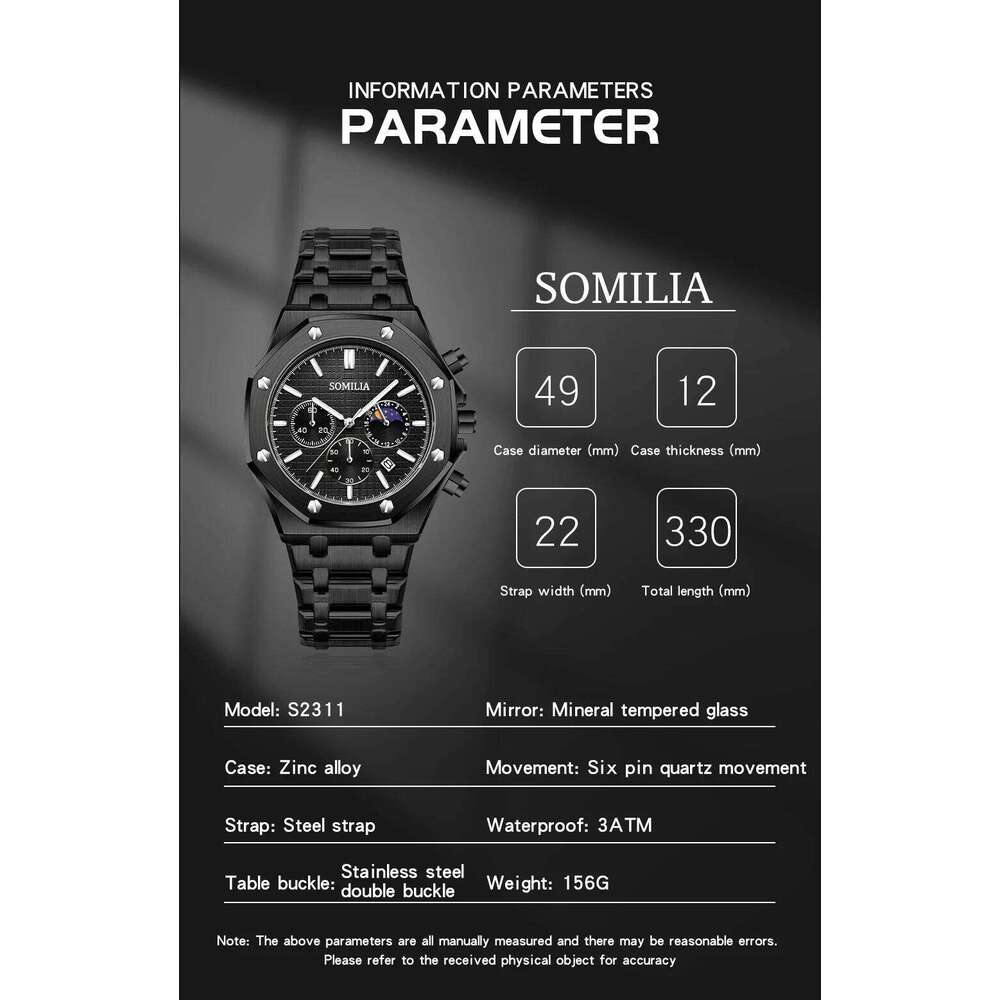 SOMILIA 2311 Fashion Three Eye Six Pin with Waterproof and Luminous Steel Strip, Business Men's Quartz Watch