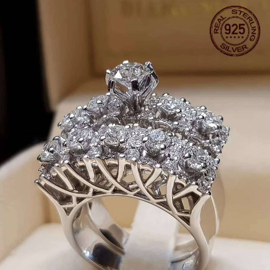 Luxury Plated Hollow Design Sparkling Zircon Women's 925 Sterling Silver Wedding Banquet Ring Set Fine Jewelry H260312