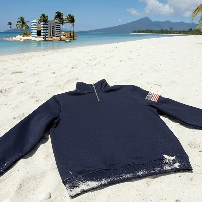 Y2K Retro Sweatshirt Sleeve Embroidery US Flag Stand Collar Quarterzip Pullover Fashion Niche Streetwear Unisex Oversized Tops 260311