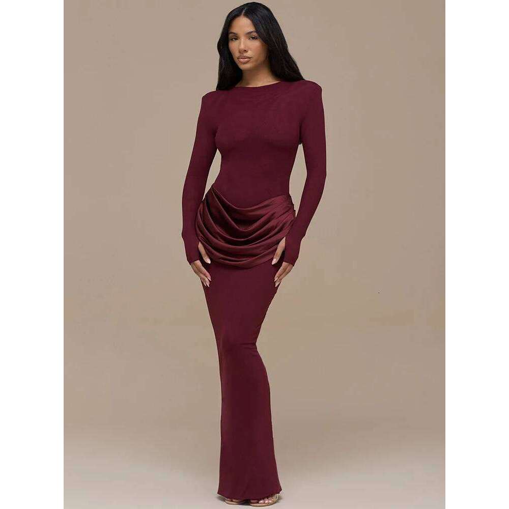 Mozision Sleeve High Waist Ruched Sexy Maxi Dress Women Gown Elegant O Neck Bodycon Club Party Split Long Dresses Female C260312