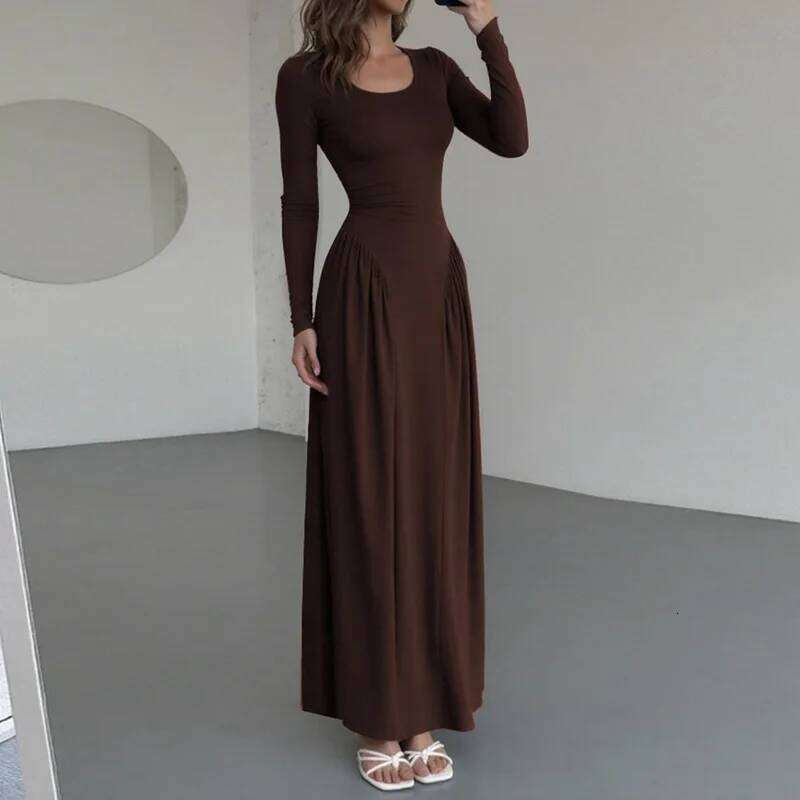 Hipster Ruched Dress Women U-NeckFull Sleeve Skinny Stretch Robe Autumn Trend Simple Classic Lace-up Pleats Long Bodycon Vestido C260312