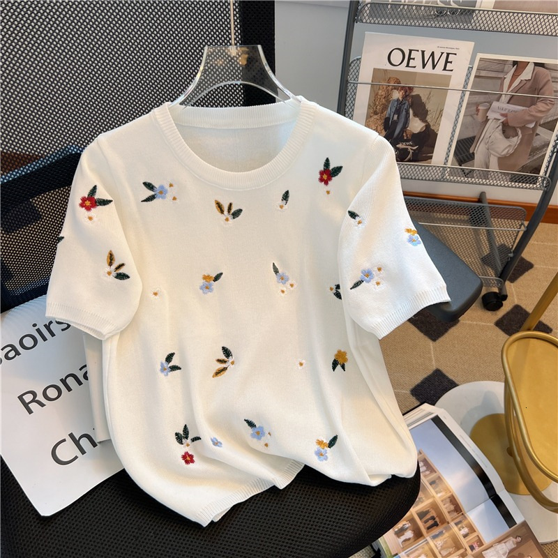 Plus Size Summer Dress Women Loose Round Designer Shirt Neck Youthful Polo Shirt Embroidery Stylish Short Sleeve Ice Silk Knitted Designer Hoodie T-sh
