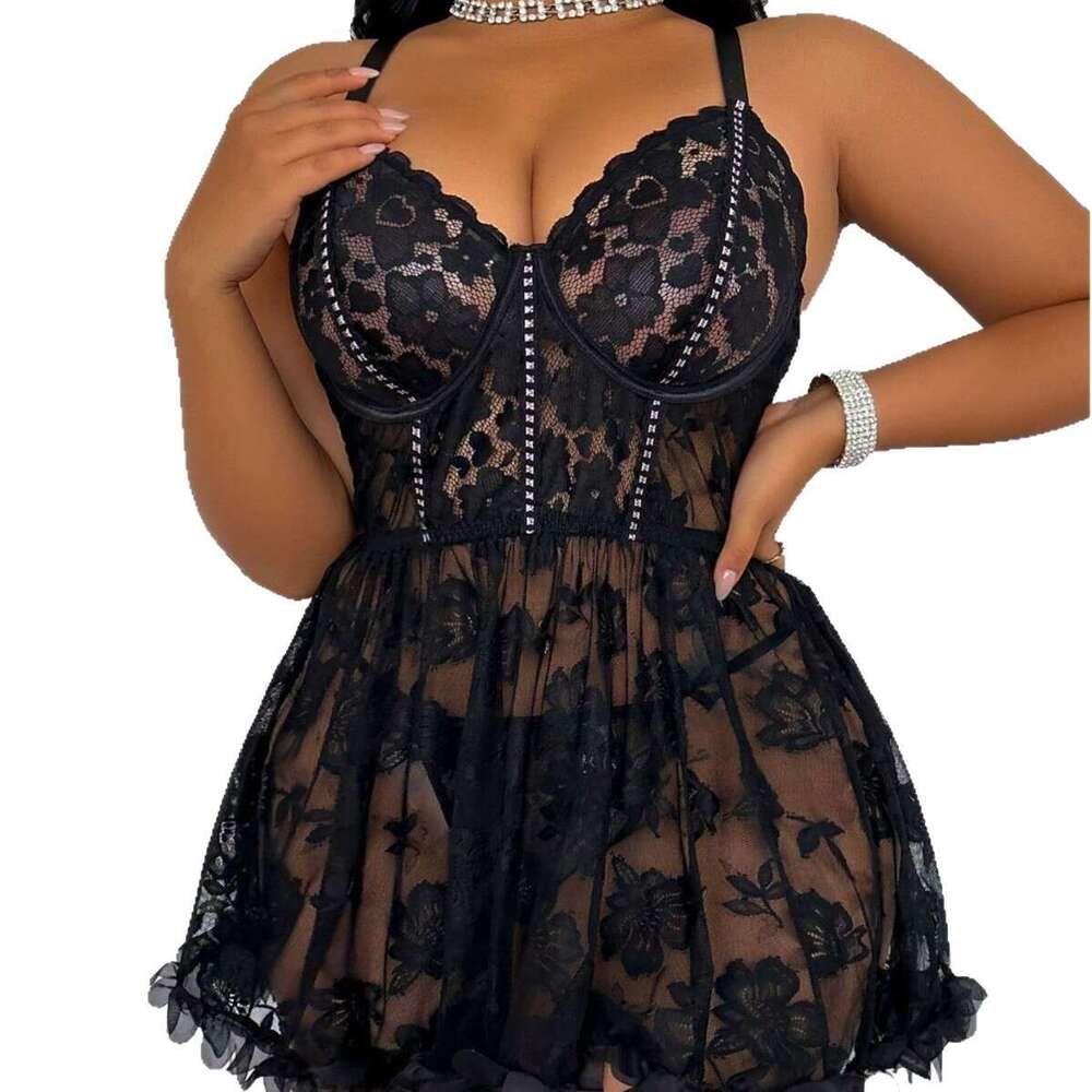 Women Black Lace Sheer Corset Dress with Cross-Back Straps and Floral Embellishments Sexy Nightwear for Party, Date, or Romantic Wear