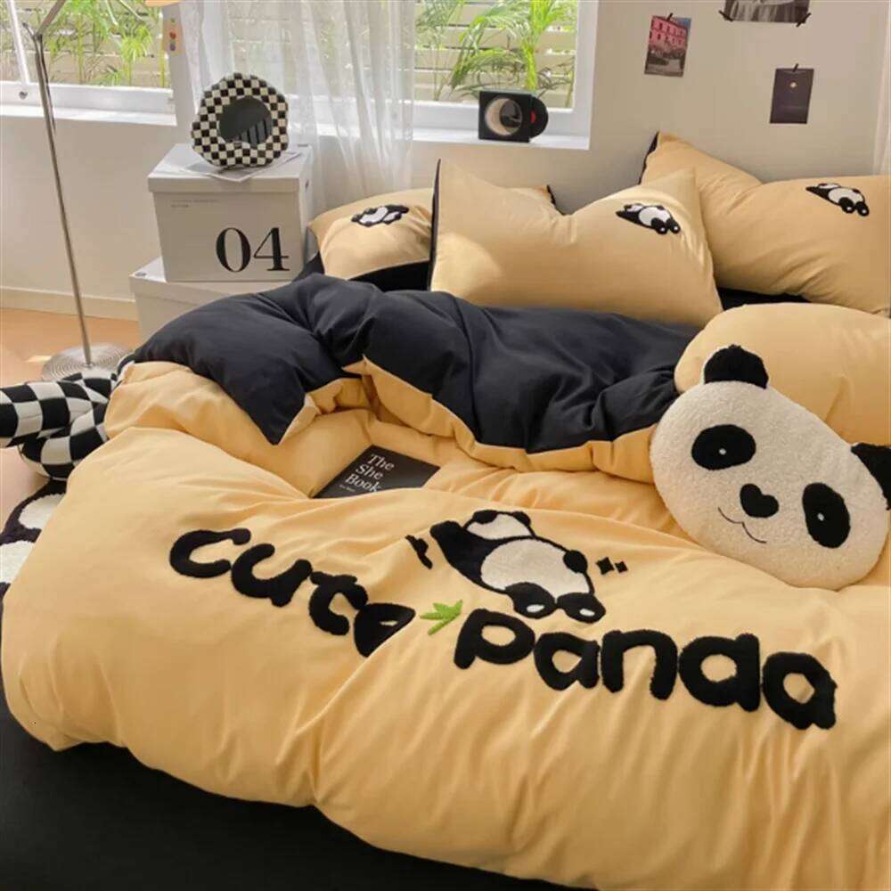 Washed Panda Thickened Woolen Beddinng Non All Cotton Quilt Cover Set Bedding Products Bed Sheet H260312