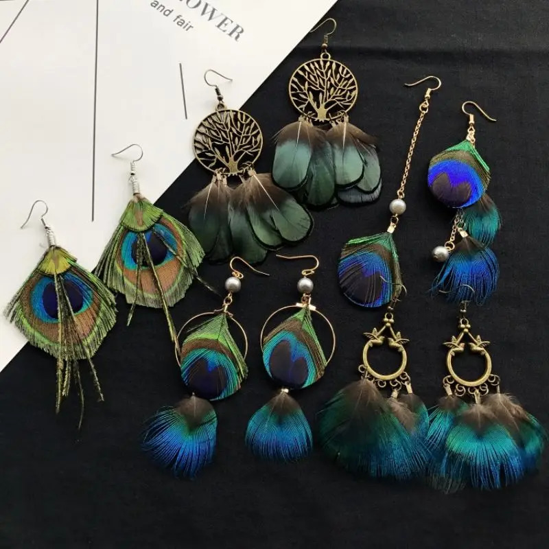 Unique Feather Earrings Peacock Feathers Vintage Exaggerate Boho Trendy Women Statement Jewelry 2024 260309
