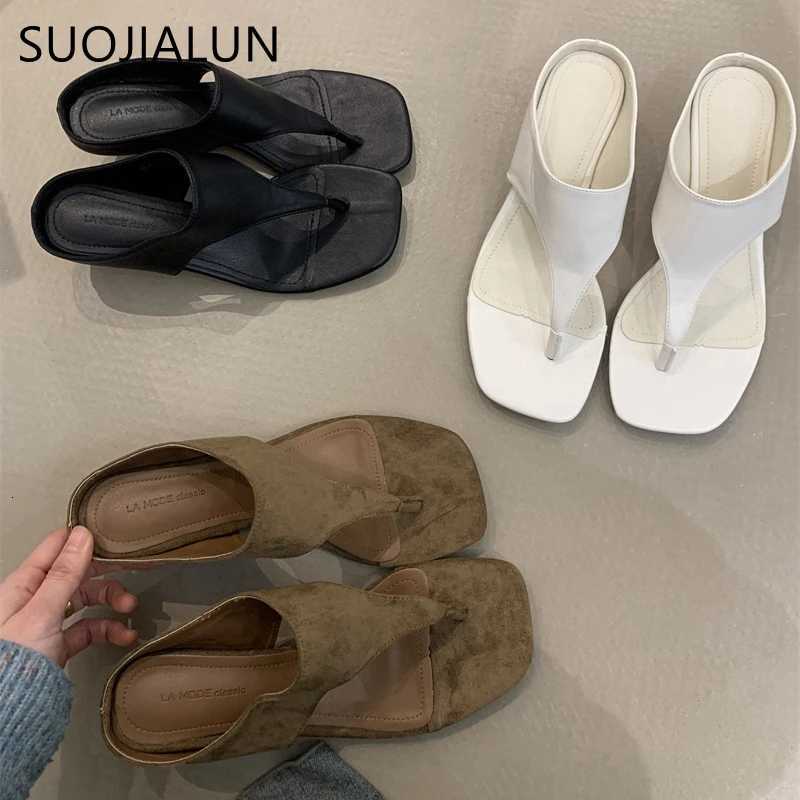 SUOJIALUN 2025 Summer New Women Flat Shoes Fashion Square Toe Slip On Flip Flop Shoes Thin High Heel Outdoor Dress Sandal Slides K260312