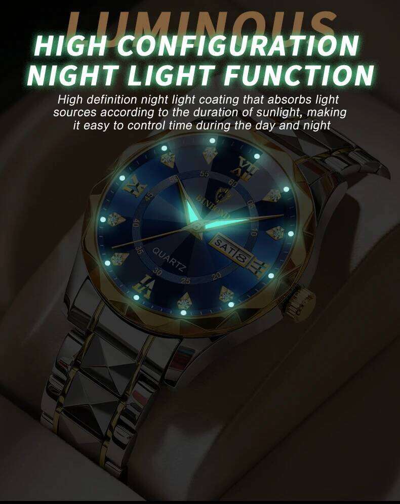 BINBOND Waterproof Stainless Steel Quartz 2024 Top Brand Luxury Night Glow Date Week Men's Watch 2521