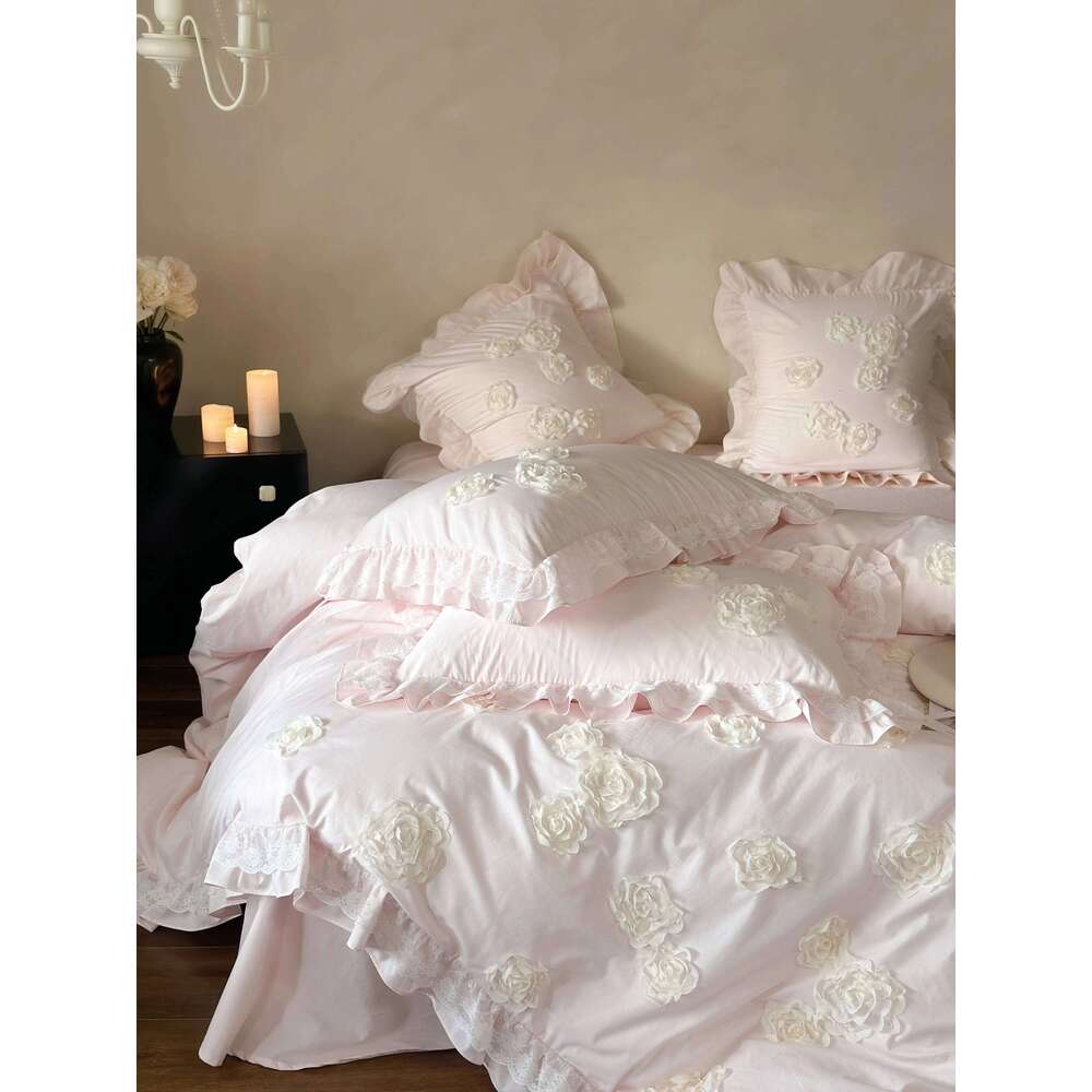 4Pcs French Princess Style 100% Cotton Solid Color Three-dimensional Rose Lace Bedding Duvet Cover 200x230 220x240 Four Seasons H260312