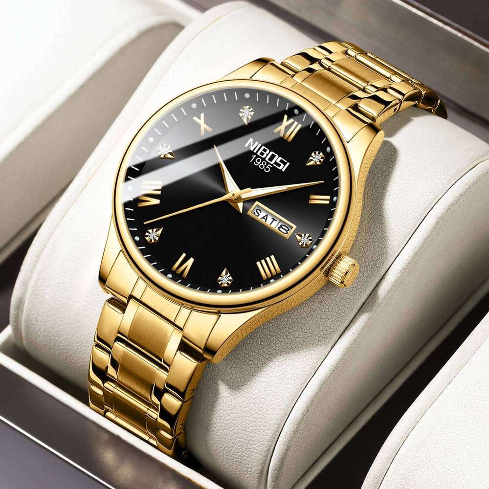 NIBOSI Gold Quartz Watch for Men Top Brand Luxury Week Date Men's Watches Business Waterproof Stainless Steel Sports Wristwatch