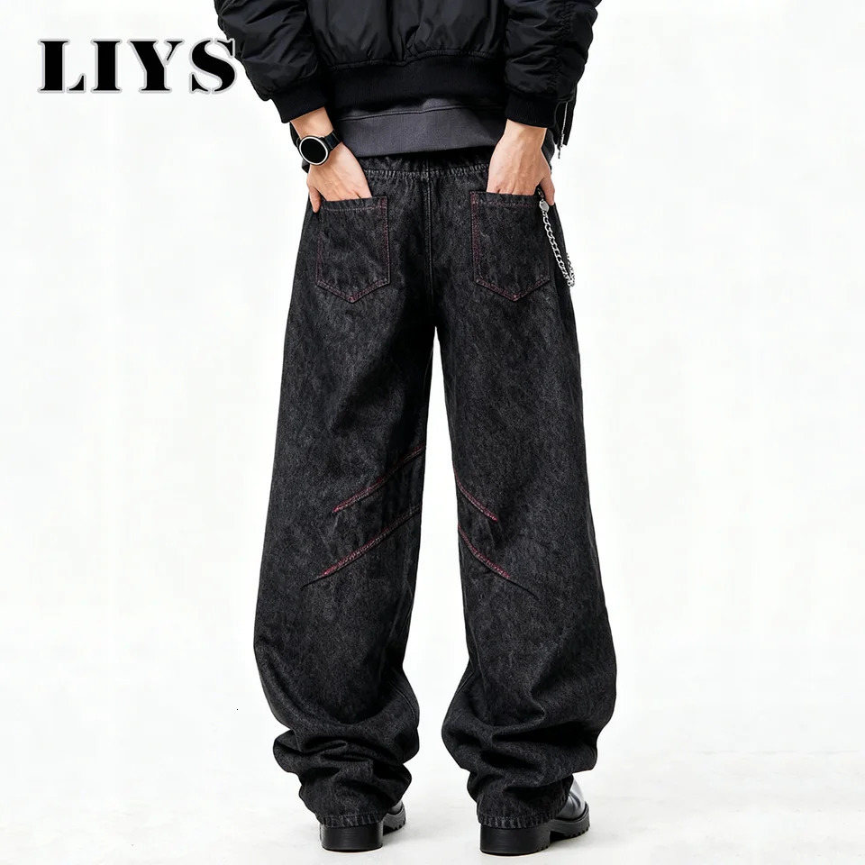 Four Seasons American Retro Mens Black Baggy Wide Leg Jeans Basic Style Business Casual Loose Denim Pants Unisex Street Jeans 260310