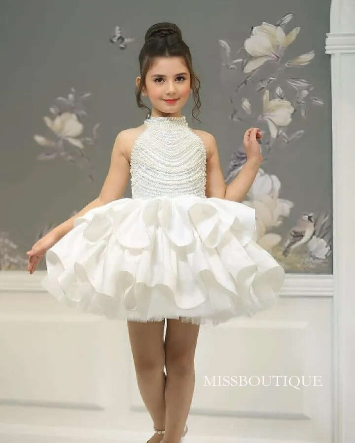 Holy White Pink Blue Flower Girl Haltar Neck With Sparking Pearls Fluffy Skirt Wedding Party Dress Mini Bridesmaid Princess Robes Bc19285 N08 B0312