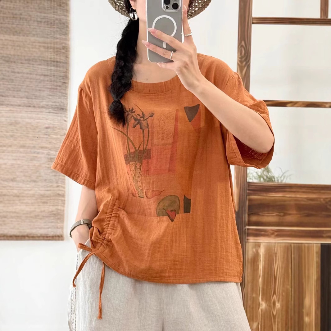 Summer New Double-layer Cotton Gauze Round Designer Hoodie Neck Printed Short Sleeve Women Loose Designer Shirt Fit Plus Size Versatile Polo Shirt Dra