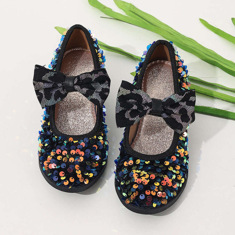 Black sequin fashion girls' high-heeled with Velcro, comfortable bowknot single shoes, princess children's elegant evening shoes 8158