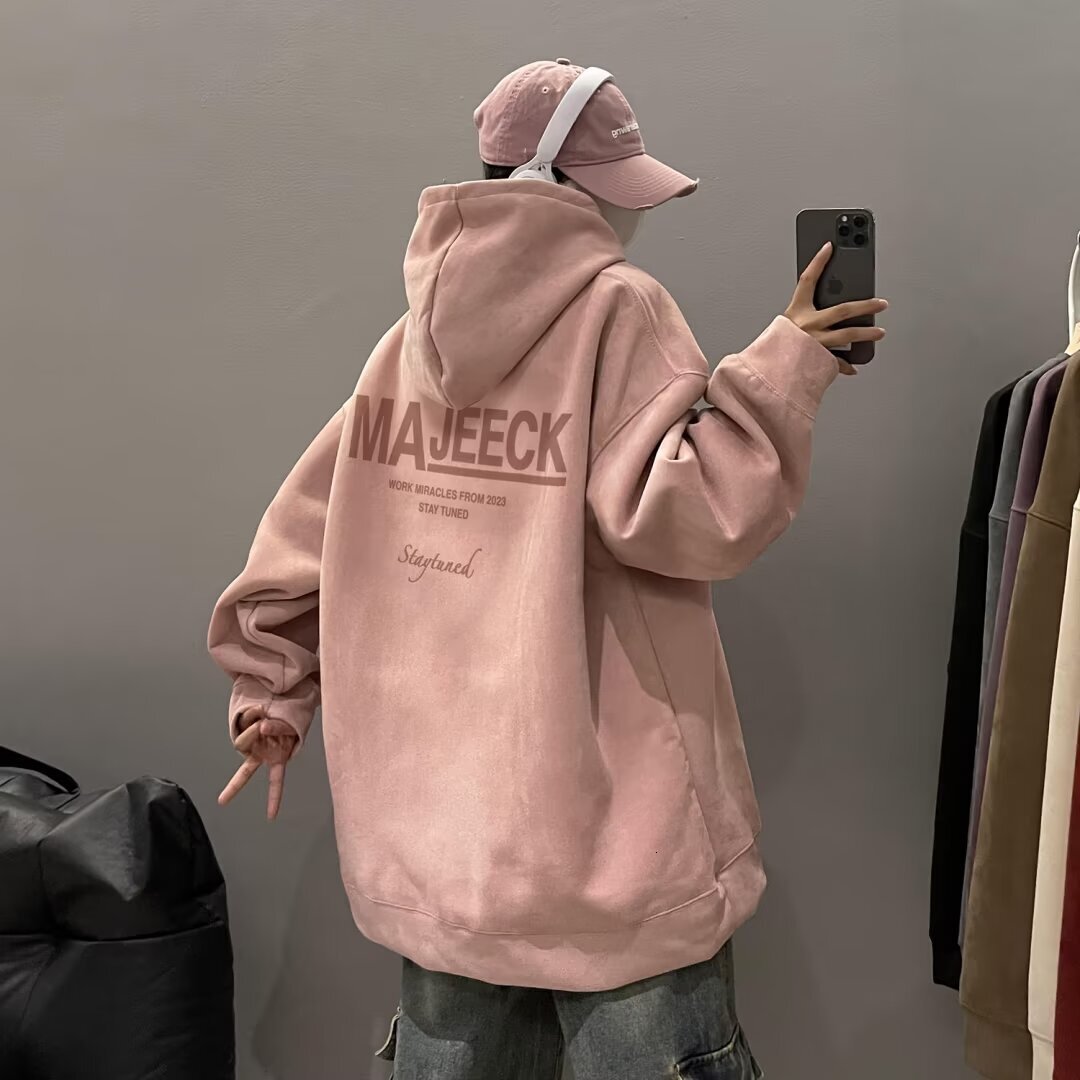 Pink Suede Hooded Sweatshirt For Men Spring And Autumn Trendy Designer Hoodie Brand Ins Heavyweight Cool Couple Loose Plus Size Casual Jacket