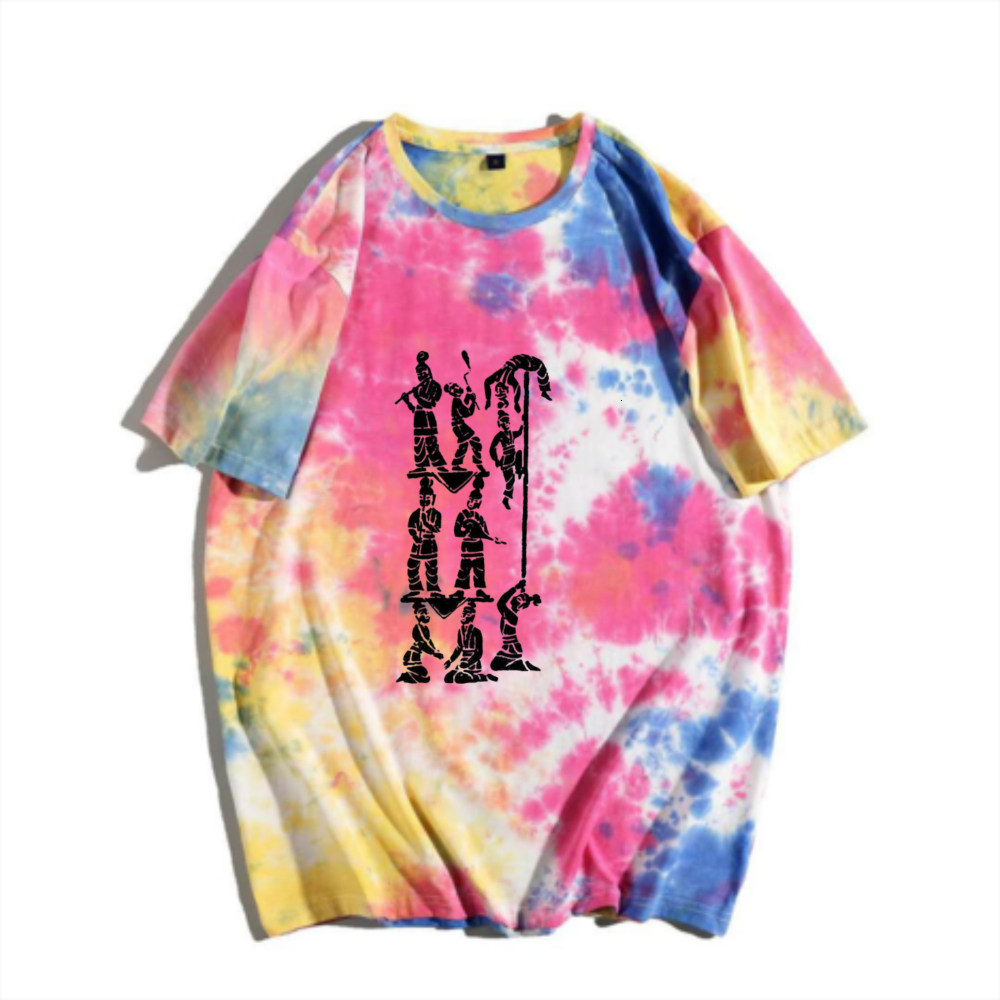 China-Chic New Chinese Han Opera Portrait Stone Tie Dyed Short Sleeve T-shirt Rainbow Gradual Change Retro Character Rubbings Printed Men's Summe