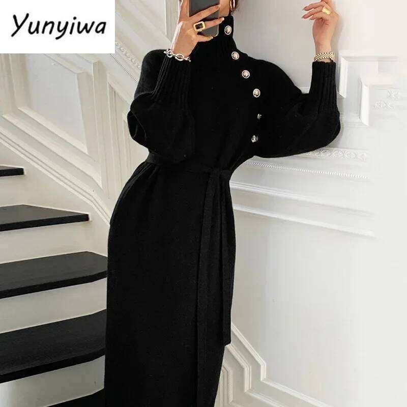 Winter Turtleneck Buttons Women Knitted Elegant Full Sleeve Lace-up Female Thicken Long Dress for Sweater Autumn New C260312