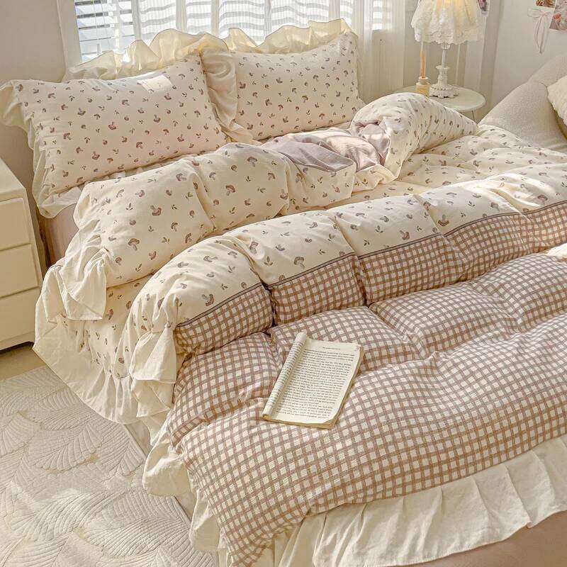 3pcs Korean lace Duvet 1*Duvet Cover + 2*Pillowcase, Without Core, Pink checkered print Bedding Set H260312