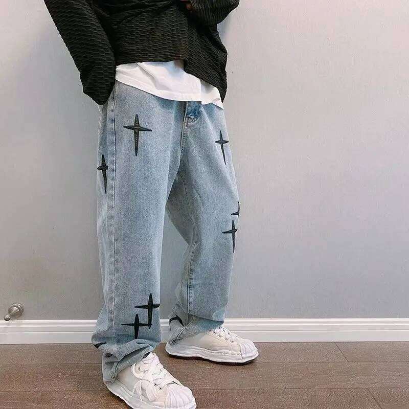 Prints Men 2023 New Streetwear Baggy Wide Leg Jeans Korean Fashion Drapes Straight Casual Loose Denim Cargo Pants 26Y0312