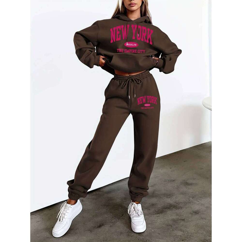 New York Print Two piece Set Kangaroo Women's Casual Fashion Round Neck Solid Color Long Sleeves Sweatshirt, C260312