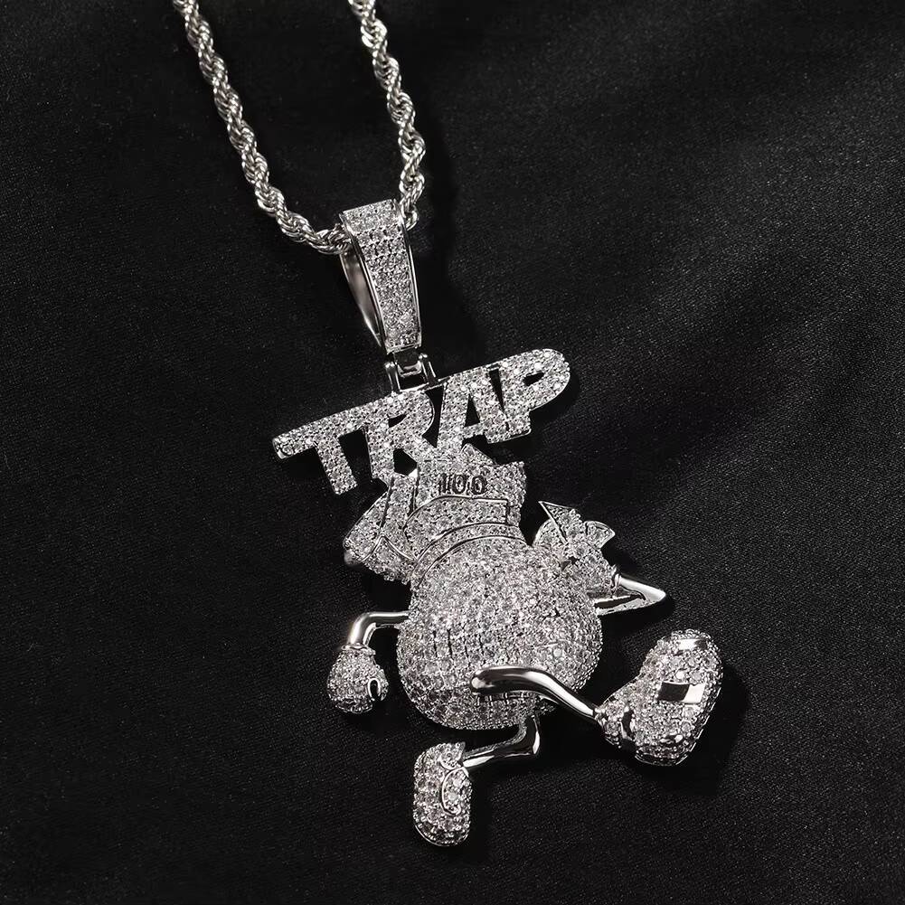 New Trendy Bling Hip Hop Iced Out Jewelry TRAP Full Diamond Wallet Pendant Gold Silver Cartoon Pendant Necklace